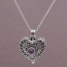 Amethyst heart locket necklace, 'Solitary Love' - Sterling Silver Heart Shaped Amethyst Locket Necklace Amethyst Heart, Heart Locket Necklace, Fine Silver Jewelry, Dope Jewelry, Funky Jewelry, Silver Lockets, Heart Locket, Dream Jewelry, الرسومات اللطيفة