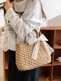 BirdinBag - Exquisite Straw Bag with Bow Design Bow Decor, Plain Style, Bow Design, Bag Bag, Color Khaki, Straw Bag, Straw, Size Chart, Product Description