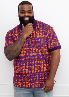 Style# M2080PTA Introducing the Femi Men's African Print Polo in Purple Tangerine Adire. This vibrant short-sleeved design features an African-inspired pattern in a range of bold colors, perfect for standing out in any outfit. Dress it up with slacks or dress it down with sneakers and jeans for casual settings. Shop matching items here. Description Short Sleeve Polo Vents at Sides 95% Cotton/5% Spandex body with 100% Cotton rib knit Designed in the US, imported Care Instructions Machine wash col Fitted Purple Polo Shirt With Polo Collar, Fitted Purple Polo Shirt, Fitted Purple Cotton Polo Shirt, Fitted Purple Collared Polo Shirt, Purple Fitted Collared Polo Shirt, Casual Purple Short Sleeve Shirt, Purple Casual Polo Collar Shirt, Casual Purple Polo Collar Shirt, Casual Purple Polo Shirt