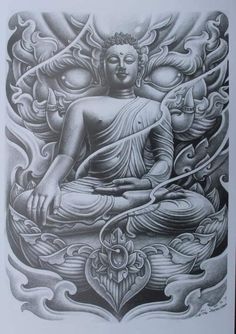 a drawing of buddha sitting on top of a body of water