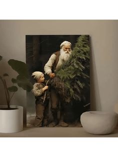 an old man and two young boys standing next to a christmas tree on a shelf