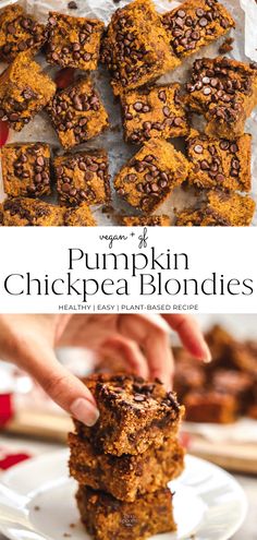 pumpkin chickpea blondies are stacked on top of each other and ready to be eaten