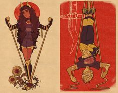 two drawings of women with skis and sunflowers, one is holding poles