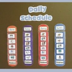 a bulletin board with four different types of school timetables on it's sides