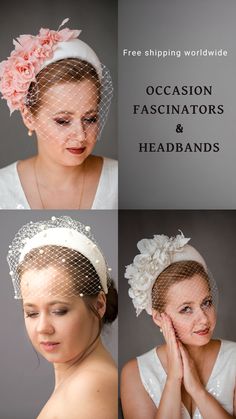 Fascinator halo headband for wedding guest inspired by wonderful Kate Middleton floral head piece. Bridal hairband with blusher birdcage veil is hand made. Bridal flower halo crown comes with face birdcage veil, small piece of birdcage veil or without birdcage veil. Padded velvet headband has been covered in a high quality Italian velvet in a beautiful light ivory or off white colour. Bridal hairband has been trimmed with blush pink flowers and leaves covering the right ear side. Headband For Bride, Floral Headband Wedding, Headband For Wedding, Bridal Hairband, Flower Headband Wedding, Floral Headpiece Wedding, Bridal Flower Headband, Blush Pink Flowers, Pearl Bridal Headband