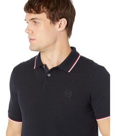 Elevate your look by wearing the Armani Exchange® Slim Fit Pique Logo Polo T-shirt..Slim fit..Pointy collars..Two-button placket..Short sleeves..Branding on front..Straight hem..100% cotton..Machine wash, dry flat..Imported..Product measurements were taken using size MD. Please note that measurements may vary by size..Measurements: Length: 28 in Classic Short Sleeve Polo Shirt With Striped Collar, Black Polo Shirt With Striped Collar, Navy Short Sleeve Polo Shirt With Ribbed Collar, Summer Polo Shirt With Contrast Collar And Short Sleeves, Navy Cotton Polo Shirt With Short Sleeves, Navy Cotton Short Sleeve Polo Shirt, Navy Short Sleeve Cotton Polo Shirt, Navy Polo Shirt With Contrast Collar, Short Sleeve, Navy Polo Shirt With Contrast Collar