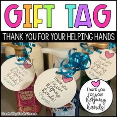 thank you for your help in helping hands gift tags with blue ribbon and pink heart