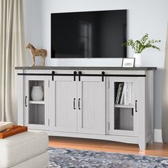 a living room with a large flat screen tv mounted on the wall above it's entertainment center