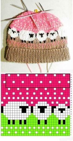 a knitted hat with sheeps on it next to an image of knitting needles