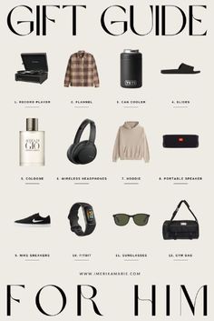 the gift guide for him is shown in black and white, with an assortment of items