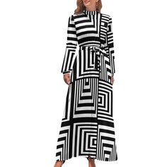 Make a timeless statement with our Black and White Maxi Dress, a stunning piece that transcends fashion eras. This Opt Art Maxi Dress pays homage to the Mid Century Modern aesthetic, channeling the elegance of 60s Dress Style the Space Age Dress era. The Mod Dress features a distinctive turtle neckline, exuding sophistication and grace. Long tiered sleeves add a touch of vintage charm, while the 60s Style Maxi Dress showcases an A-line silhouette for a flattering and timeless look. The dress com Mid Century Modern Dress, Dress 60s Style, Space Age Dress, Unique Maxi Dresses, Fashion Eras, Opt Art, Black And White Maxi Dress, 60s Fashion Dresses, Mod Dress 60s