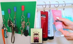 there are several different items hanging on the wall and in front of them is a key holder