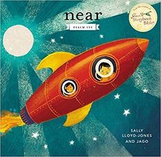 a children's book with an image of a rocket ship and two people on it