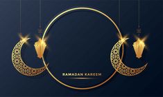 rama kareem greeting card with golden crescent and hanging lantern on dark blue background