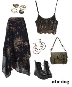 Boho Gothic Outfit, Mythical Outfits Women, Ethereal Witch Outfits, Cottage Witch Aesthetic Outfit, Starry Outfit Aesthetic, Grunge Bohemian Outfits, Queer Witch Aesthetic, Pagan Outfits Witches, Witchy Cottagecore Outfit