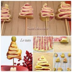 the process of making hotdogs and pretzels on skewers is shown