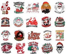 various christmas stickers are shown on a white background, including santa claus and other holiday related items