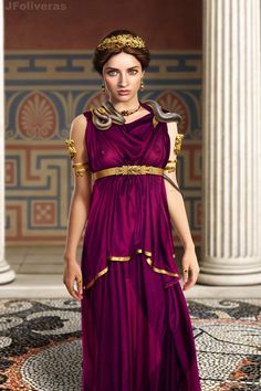 a woman in a purple dress standing next to columns