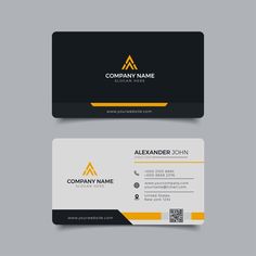 two business cards with yellow and black accents on the front, one is for company name