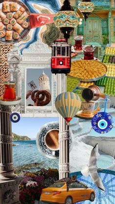 an artistic collage with many different things in the background, including food and drinks