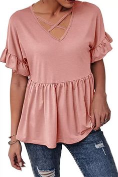 New Hot Selling V-Neck Ruffle Short Sleeve Loose Casual Top T-Shirt #cuteshirts #shirtscute #tshirtstyles Casual Ruffle Top With Flutter Sleeves, Solid Color Ruffle Sleeve Tops For Spring, Spring Ruffle Sleeve Tops In Solid Color, Casual Short Sleeve Top With Ruffle Hem, Summer Solid Color Tops With Ruffle Sleeves, Summer Tops With Ruffle Sleeves In Solid Color, Casual Solid Blouse With Ruffle Hem, Summer Ruffle Sleeve Tops In Solid Colors, Solid Color Flutter Sleeve Tops For Fall