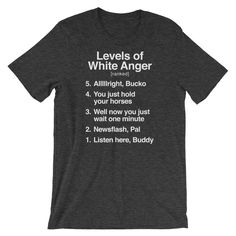 "Levels of White Anger (ranked) shirt - Awesome gift for Dad - Things Dads say - Funny white stereotype gift - Short-Sleeve Unisex T-Shirt This t-shirt is everything you've dreamed of and more. It feels soft and lightweight, with the right amount of stretch. It's comfortable and flattering for both men and women. * 100% combed and ring-spun cotton (heather colors contain polyester) * Fabric weight: 4.2 oz (142 g/m2) * Shoulder-to-shoulder taping * Side-seamed The Male model is wearing a size M. Fitted White Shirt With Funny Text, Funny White Short Sleeve Top, Funny White Crew Neck Shirt, Funny White Shirt With Screen Print, White Tops With Funny Text For Fans, White Funny Text Top, White Funny Shirt With Screen Print, Funny White Shirt With Text Print, White Funny T-shirt With Text