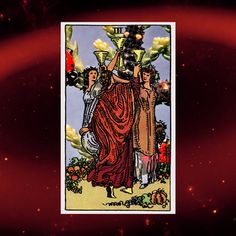 a tarot card with an image of two women in the middle and one holding a vase