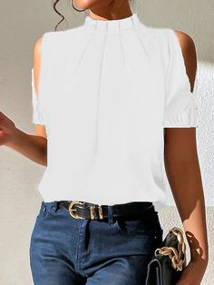 🚚FREE Shipping on orders over $80 ✨ use Code: "Mylook" for Extra Discount at checkout ﻿- 📏Sizing: run a little small 📏 Selling Points 1. Gender: Women's 2. Design: Cut Out 3. Sleeve Length: Short Sleeve Specifications Gender: Women's, Style: Basic, Occasion: Casual, Tops Type: Shirt, Blouse, Neckline: High Neck, Fabric: Polyester, Design: Cut Out, Details: Without Lining, Sleeve Length: Short Sleeve, Elasticity: Micro-elastic, Look After Me: Machine wash, Wet and Dry Cleaning, Washable, Top Length: Regular, Pattern: Plain, Photos Size Chart Inches Centimeters Size Bust Length S 46.5(åŽèƒ¸å›´ï¼‰ 65 M 49(åŽèƒ¸å›´ï¼‰ 67 L 51.5(åŽèƒ¸å›´ï¼‰ 69 XL 54(åŽèƒ¸å›´ï¼‰ 71 2XL 57.5(åŽèƒ¸å›´ï¼‰ 73 3XL 61(åŽèƒ¸å›´ï¼‰ 75 4XL 65(åŽèƒ¸å›´ï¼‰ 77 5XL 69(åŽèƒ¸å›´ï¼‰ 79 How to Measure Spring Solid Color Stretch Shirt, Spring Stretch Solid Color Shirt, Spring Stretch Shirt In Solid Color, Plain Non-stretch Summer Tops, Black Plain Shirt For Spring, Spring Stretch Plain Blouse, Spring Stretch Blouse Plain, Summer Stretch Solid Color Shirt, Chic Short Sleeve Stretch Shirt