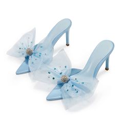 Dazzle in style with these blue pointy toe mule heels. Adorned with sparkling rhinestones and an elegant bow detail, they elevate any outfit with sophistication and charm. Color: Blue Material: Satin and mesh Heel Type: Stiletto heel Heel Height: 3.54" / 90 mm approx Product measurements were taken using size 8. Please note that measurements may vary by size. Toe: Open pointed toe Rhinestone embellished design Mesh bow decor design Handcrafted US sizing. Fits true to size Bow Mules, Heels Blue, Mesh Bows, Mule Heels, Mesh Heels, Hot Heels, Leather Paint, Heels For Women, Bow Heels