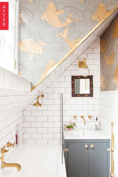 the bathroom is decorated in gold and white