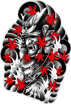 an image of a japanese warrior with red flowers on his chest and head in the background