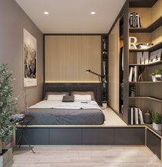 a bed sitting in the middle of a bedroom next to a book shelf