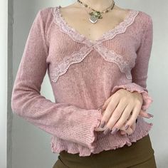 844487550-1 Pink Y2k Tops For Winter, Pink Y2k Style Winter Tops, Pink Y2k Winter Tops, Fitted Y2k Tops With Lace Trim, Fitted Y2k Top With Lace Trim, Y2k Pink V-neck Top, Pink Y2k V-neck Top, Pink V-neck Y2k Top, Casual Lace Trim Top For Winter