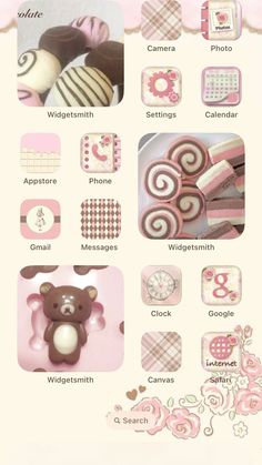 some pink and brown items are arranged on a white background, including teddy bear cookies