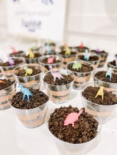 small cupcakes are decorated with colorful figures in dirt pots on a table top