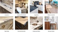 many different types of kitchen countertops and cabinets in various styles, sizes and colors