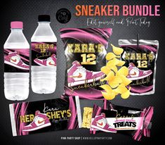 the sneaker bundle includes two water bottles, one bag and three bags of snacks