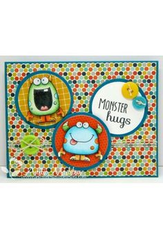 a card with two monsters on it and the words monster hugs written in black ink