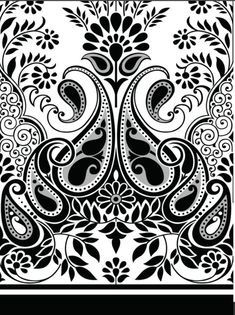 an ornate black and white design with swirls, leaves, and scrolls on it