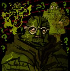 a man with glasses and a hoodie is in front of some green graffiti on a black background