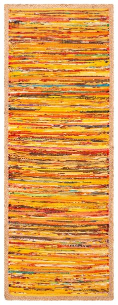 an orange and yellow striped rug on a white background