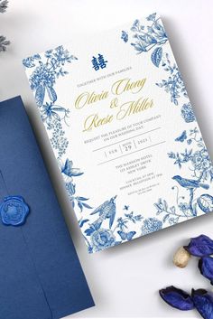 Blue Chinoiserie Wedding Invitation Card | Double Happiness Asian Chinese Wedding Invite 结婚请柬 Sangjit Invitation Design, Modern Chinese Wedding Invitation, English Wedding Invitation Card, Chinese Invitation, Chinese Wedding Invitation Card