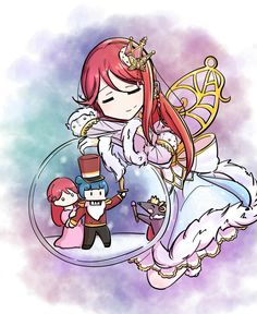 a drawing of a girl with red hair and a fairy costume holding a small doll