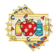 a set of four children's placemats with an apple and school supplies on them