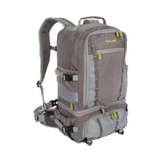 the back pack is grey and has yellow accents