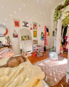 a cat is laying on the floor in a room with lots of clutter and decorations