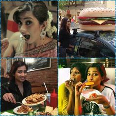 several pictures of women eating food and drinking beverages