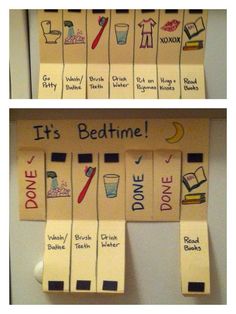 two pictures with words on them that say it's bedtime and do something