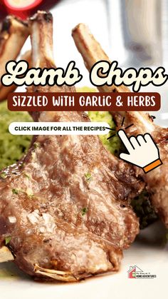 lamb chops are served with garlic and herbs on the side, along with broccoli