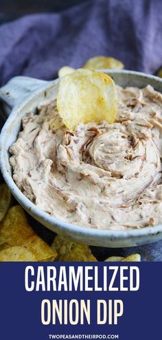 a bowl filled with caramelized onion dip surrounded by tortilla chips